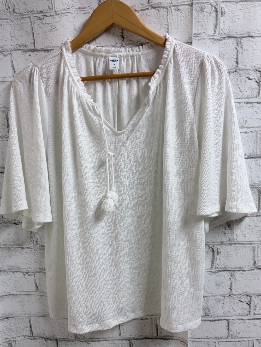 Old Navy White Textured V-Neck Top with Tassel Tie